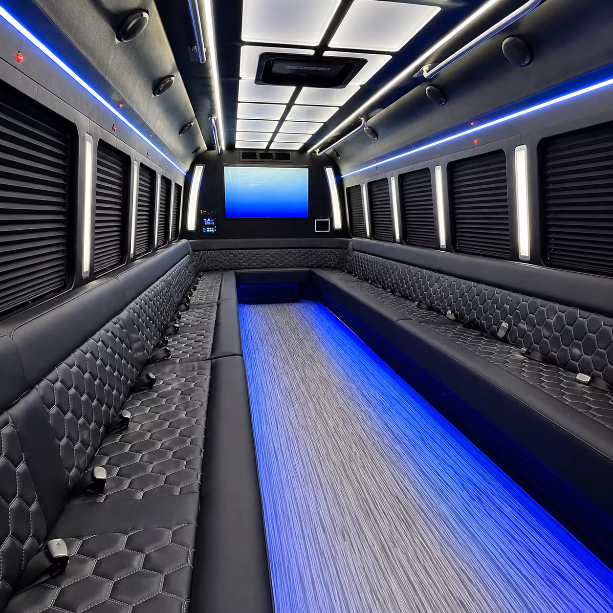 Interior of a party bus rental serving Garland
