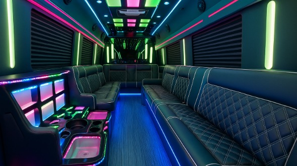 Interior of Garland Party Bus Company's 30 Passenger Party Bus in Garland